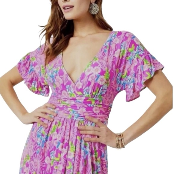 Lilly Pulitzer Anchorage Floral Faux Wrap Flutter Sleeve Midi Dress Women’s XS - Picture 3 of 13